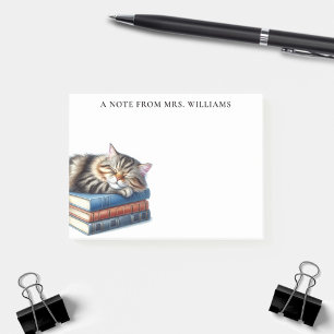 Personalised Sleeping Tabby Cat and Books Post-it Notes