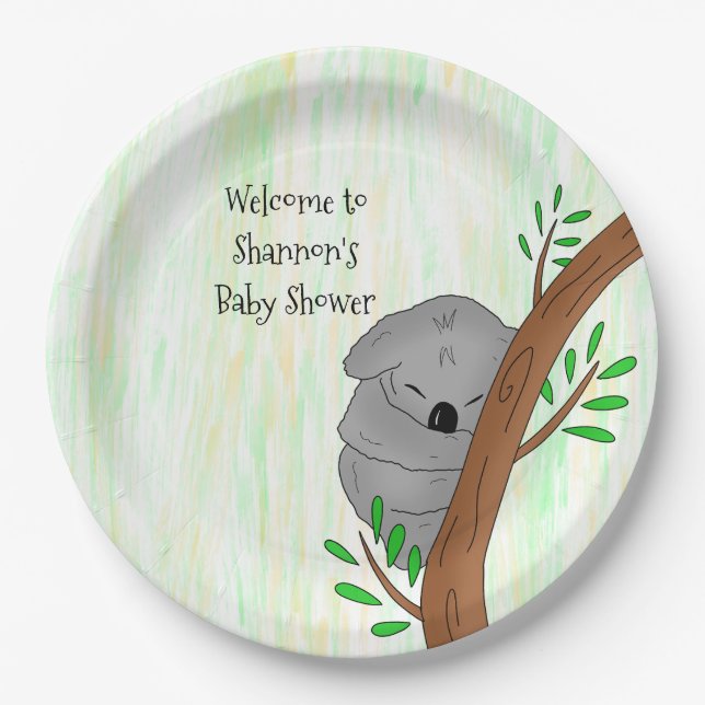 Personalised Sleepy Koala Bear Themed Baby Shower Paper Plate (Front)