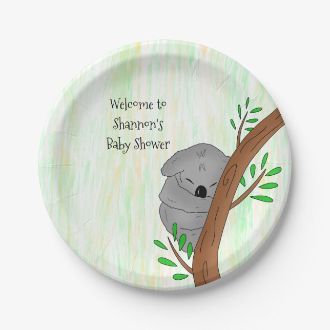 Personalised Sleepy Koala Bear Themed Baby Shower Paper Plate (Front)