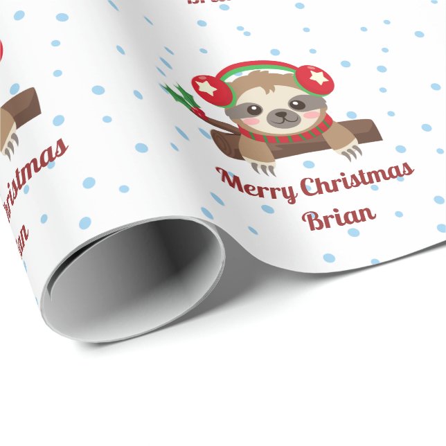 Personalised Sloth Merry Christmas Name Wrapping Paper (Roll Corner)