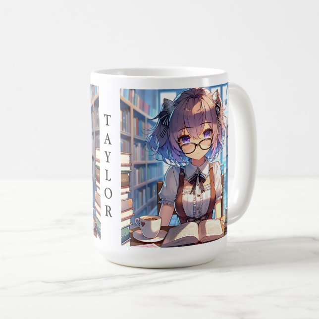 Personalised Smart Anime Girl in Library  Coffee Mug (Front Right)