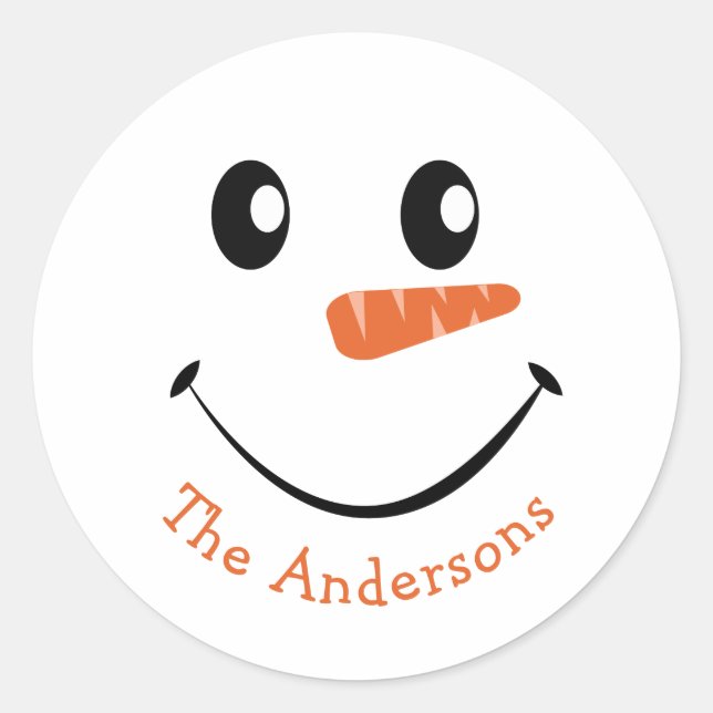 Personalised Smiling Snowman Classic Round Sticker (Front)