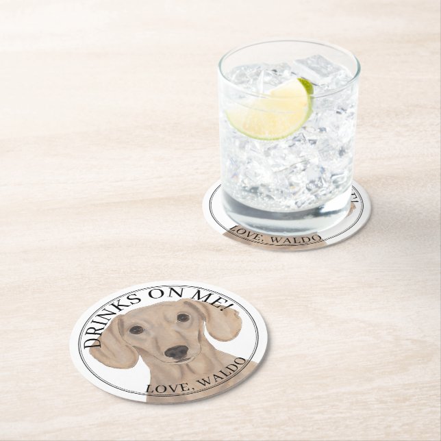 Personalised Smooth Red Dachshund Dog Wedding Round Paper Coaster (Insitu)