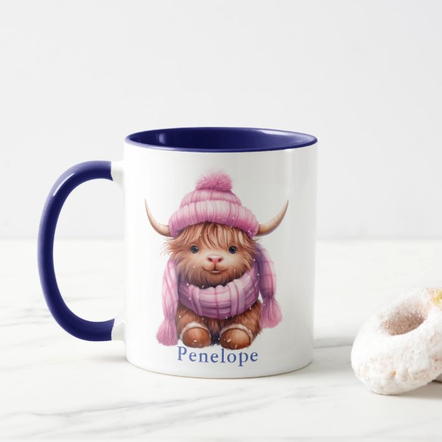 Personalised Snow Play Highland Cow Pink/Blue Mug (With Donut)