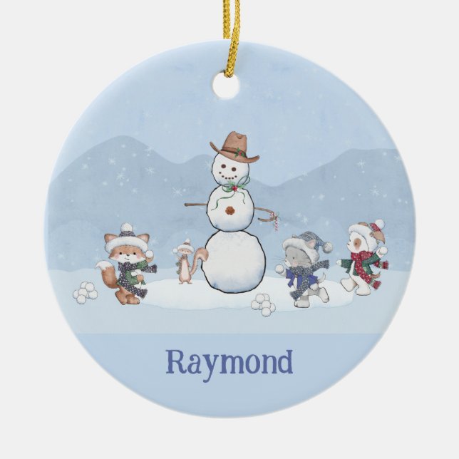 Personalised Snowball Fight Custom Snowman Animals Ceramic Ornament (Front)