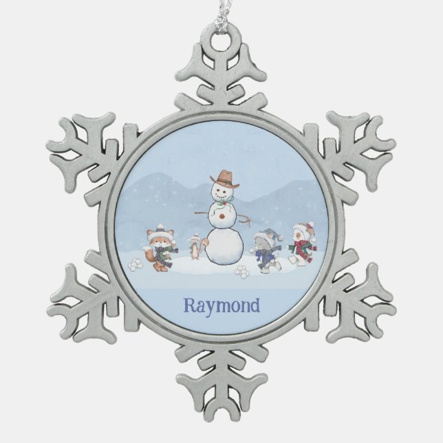 Personalised Snowball Fight Custom Snowman Animals Snowflake Pewter Christmas Ornament (Front)