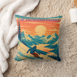 Personalised Snowboard Mountain Sunset Custom Name Cushion
