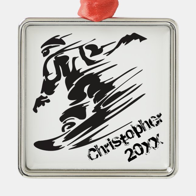 Personalised Snowboarder Snowboarding Black, White Metal Ornament (Front)