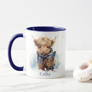 Personalised Snowboarding Highland Cow Blue Mug