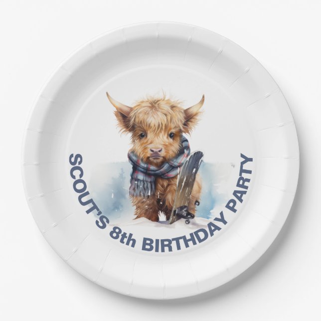 Personalised Snowboarding Highland Cow Paper Plate (Front)