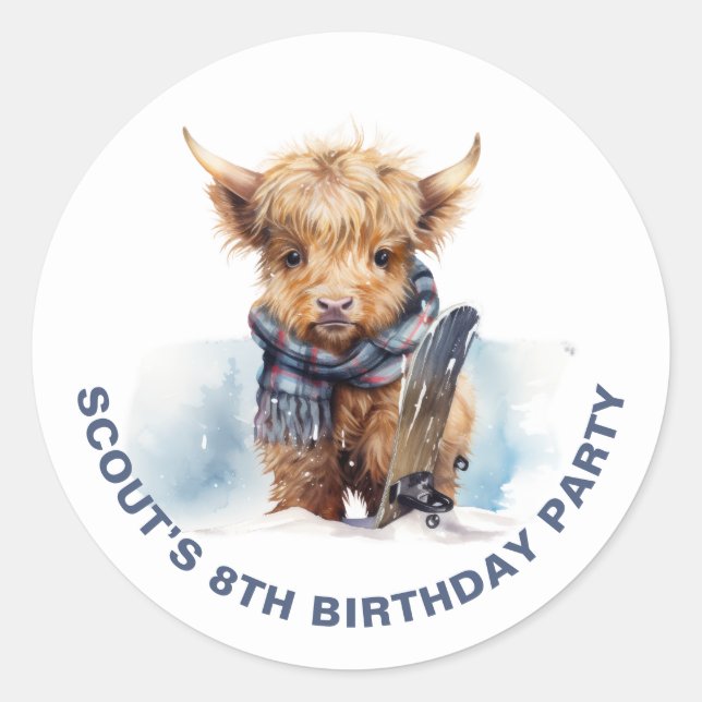 Personalised Snowboarding Highland Cow Sticker (Front)