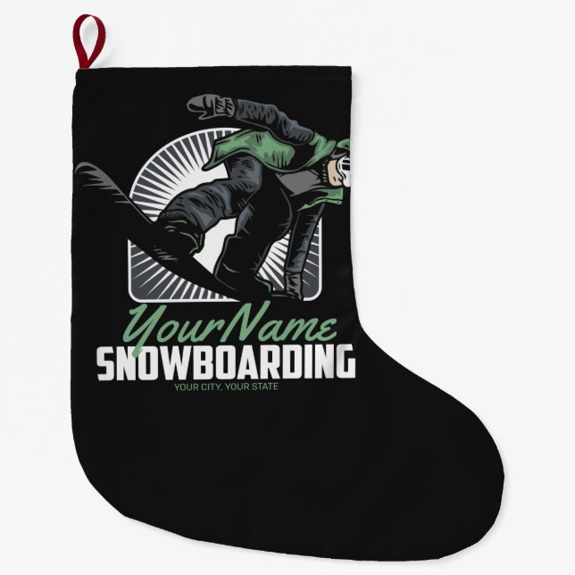 Personalised Snowboarding Snow Boarder Shredding   Large Christmas Stocking (Front)