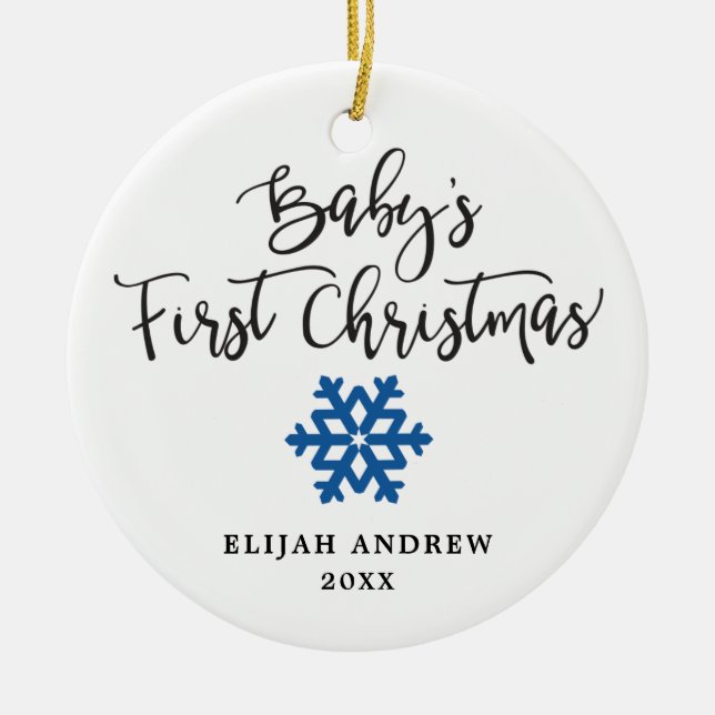 Personalised Snowflake Boy Baby's First Christmas Ceramic Ornament (Front)