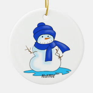Personalised snowman blue hat  and scarf ceramic ornament