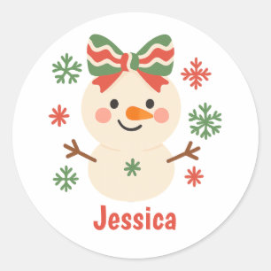 Personalised Snowman Bow Christmas Custom Name Classic Round Sticker