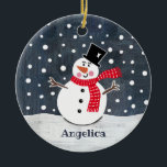 Personalised Snowman Christmas Tree Decoration<br><div class="desc">This Christmas snowman snow scene is printed from a collage designed by Helen McCartney Designs.</div>