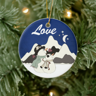 Personalised Snowman Couple Mountain LOVE Ornament