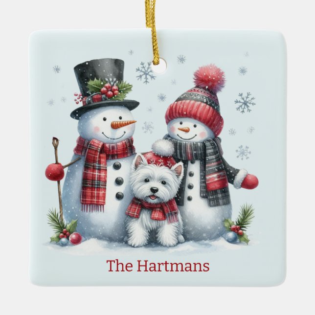 Personalised Snowman Couple with Westie Ornament (Front)