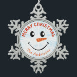 Personalised Snowman Face Snowflake Pewter Christmas Ornament<br><div class="desc">Personalised Snowman Face ornament with blue watercolor sky and white snowflake background.</div>