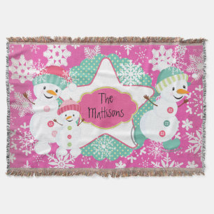 Personalised Snowman Family 3 Holiday Throw Blanket