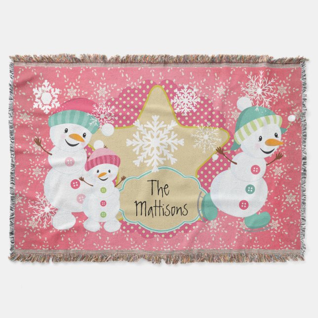 Personalised Snowman Family Holiday Throw Blanket (Front)