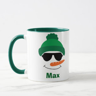 Personalised Snowman Green Hat and Sunglasses Mug