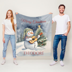Personalised Snowman Guitar Christmas Fleece Blanket