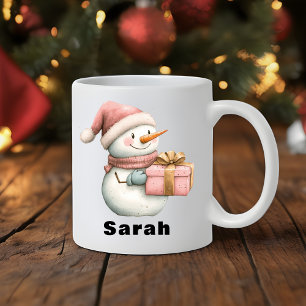 Personalised Snowman Holding Gift Custom Name Coffee Mug