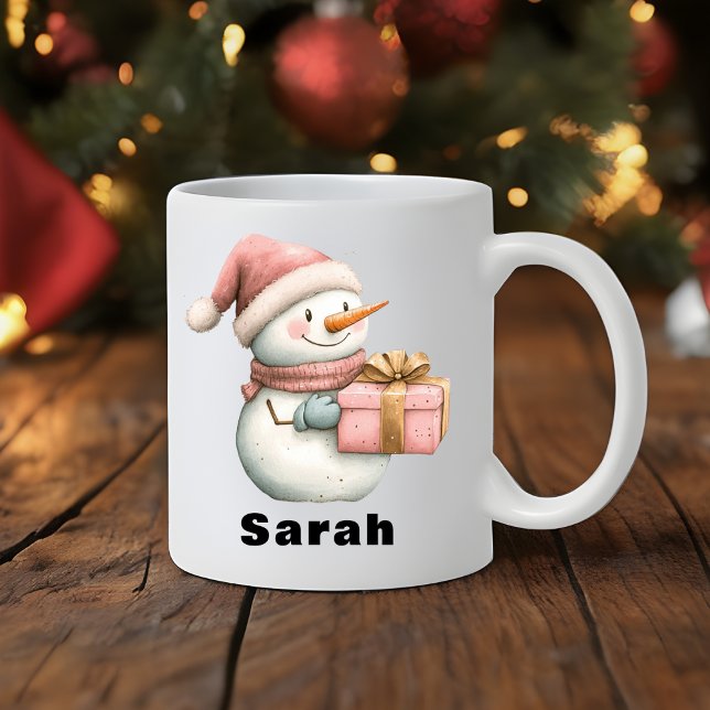 Personalised Snowman Holding Gift Custom Name Coffee Mug (Christmas Snowman Holding Gift Custom Name Coffee Mug
)