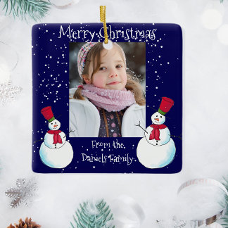Personalised Snowman Photo Christmas Card Ceramic Ornament