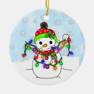 Personalised Snowman with Christmas Lights Ceramic Ornament