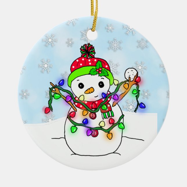Personalised Snowman with Christmas Lights Ceramic Ornament (Front)