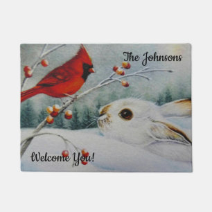 Personalised Snowshoe Rabbit & Red Cardinal Bird Doormat