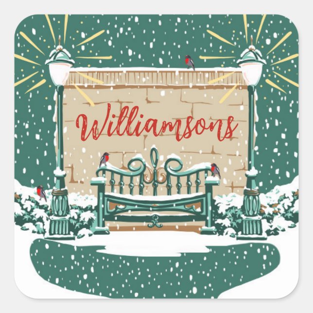 Personalised Snowy Winter Family Garden Christmas Square Sticker (Front)