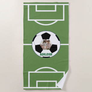 Personalised Soccer Ball and Field Photo template Beach Towel
