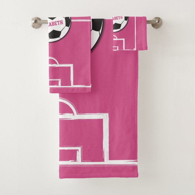 Personalised Soccer Ball and Field Pink Bath Towel Set (Insitu)