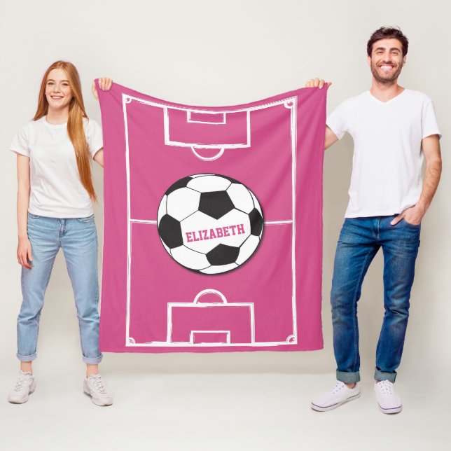 Personalised Soccer Ball and Field Pink Fleece Blanket (In Situ)