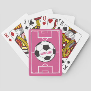 Personalised Soccer Ball and Field Pink Playing Cards