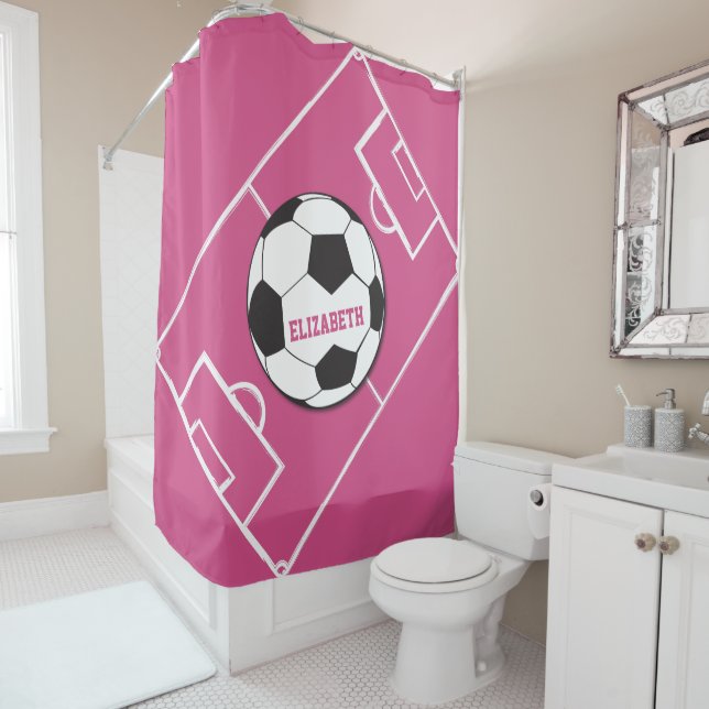 Personalised Soccer Ball and Field Pink Shower Curtain (In Situ)