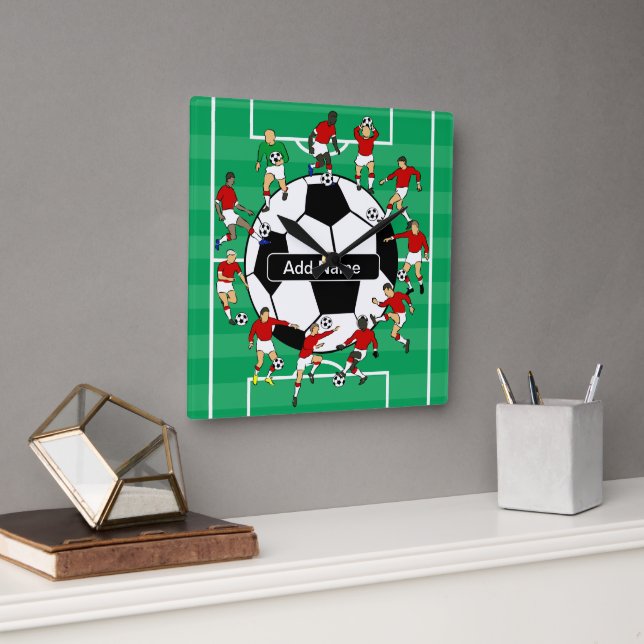 Personalised soccer ball and players square wall clock (Office)