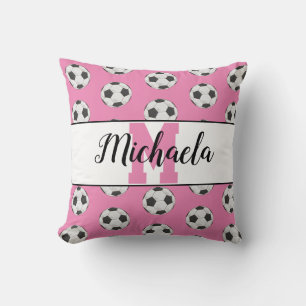 Personalised Soccer Ball Monogram Name Pink Cushion
