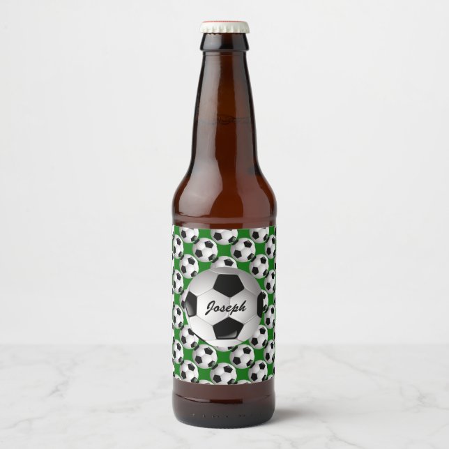 Personalised Soccer Ball on Football Pattern Beer Bottle Label (Front)