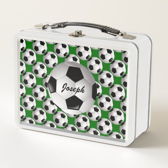 Personalised Soccer Ball on Football Pattern Metal Lunch Box (Front)