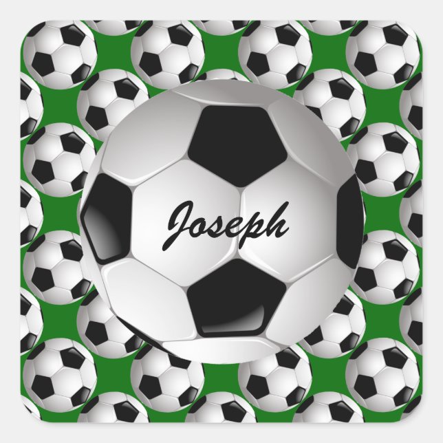 Personalised Soccer Ball on Football Pattern Square Sticker (Front)