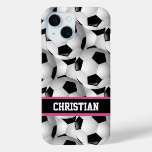 Personalised Soccer Ball Pattern Black Pink White iPhone 15 Case