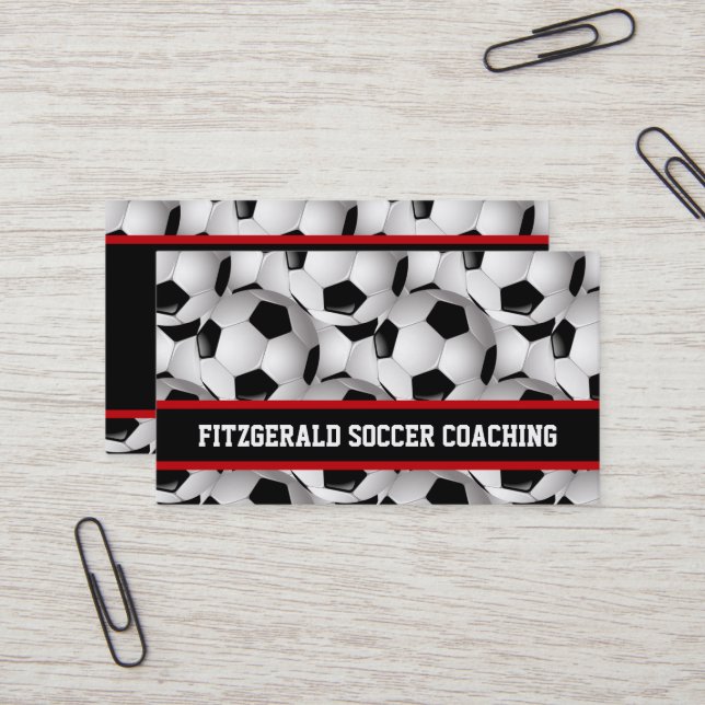 Personalised Soccer Ball Pattern Black Red White Business Card (Front/Back In Situ)