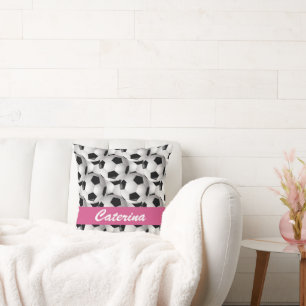 Personalised Soccer Ball Pattern Pink Cushion