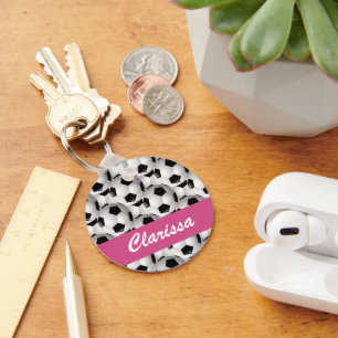 Personalised Soccer Ball Pattern Pink Key Ring