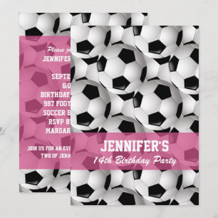 Personalised Soccer Ball Pattern v2 Pink Birthday Invitation