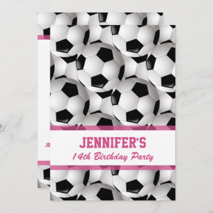 Personalised Soccer Ball Pattern v3 Pink Birthday Invitation